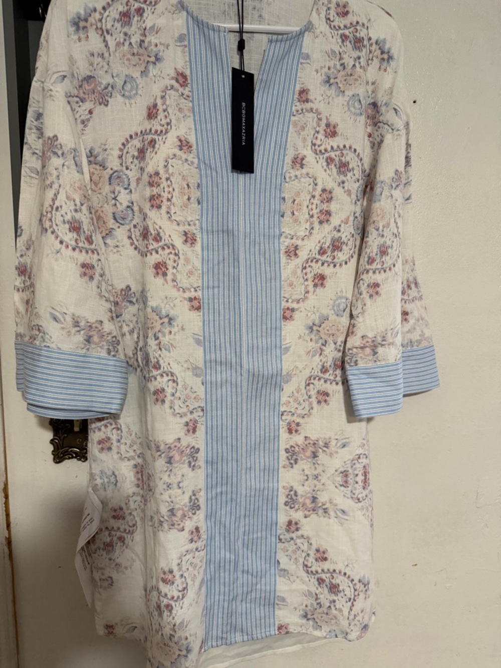 BCBG White Floral Tunic with Light Blue Stripe Panel
